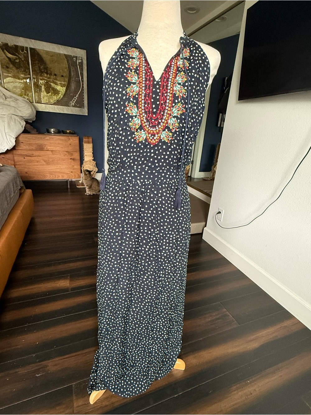 Anthropologie Navy Polka Dot Halter Maxi with Colorful Embroidered Yoke